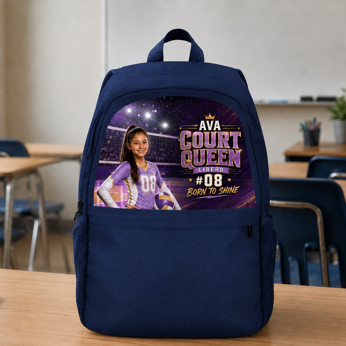 Personalized Volleyball Court Queen Casual Backpack - navy backpack color product shot | Personalized volleyball backpack for girls by Jolliboo