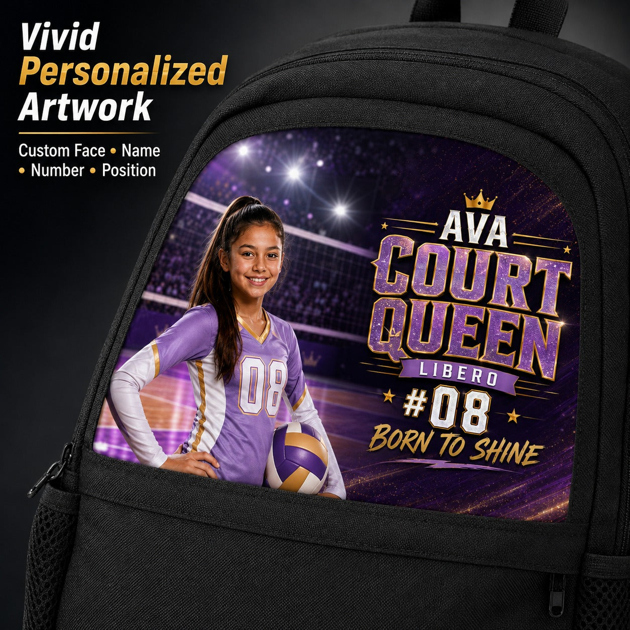 Personalized Volleyball Court Queen Casual Backpack - close up vivid personalized volleyball artwork image | Personalized volleyball backpack for girls by Jolliboo