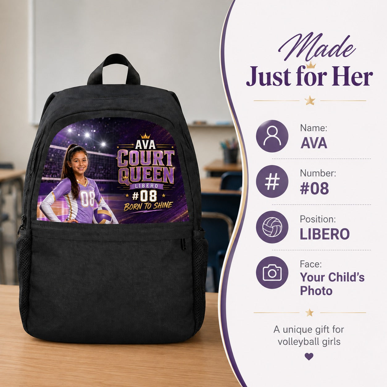 Personalized Volleyball Court Queen Casual Backpack - made just for her personalization details image | Personalized volleyball backpack for girls by Jolliboo