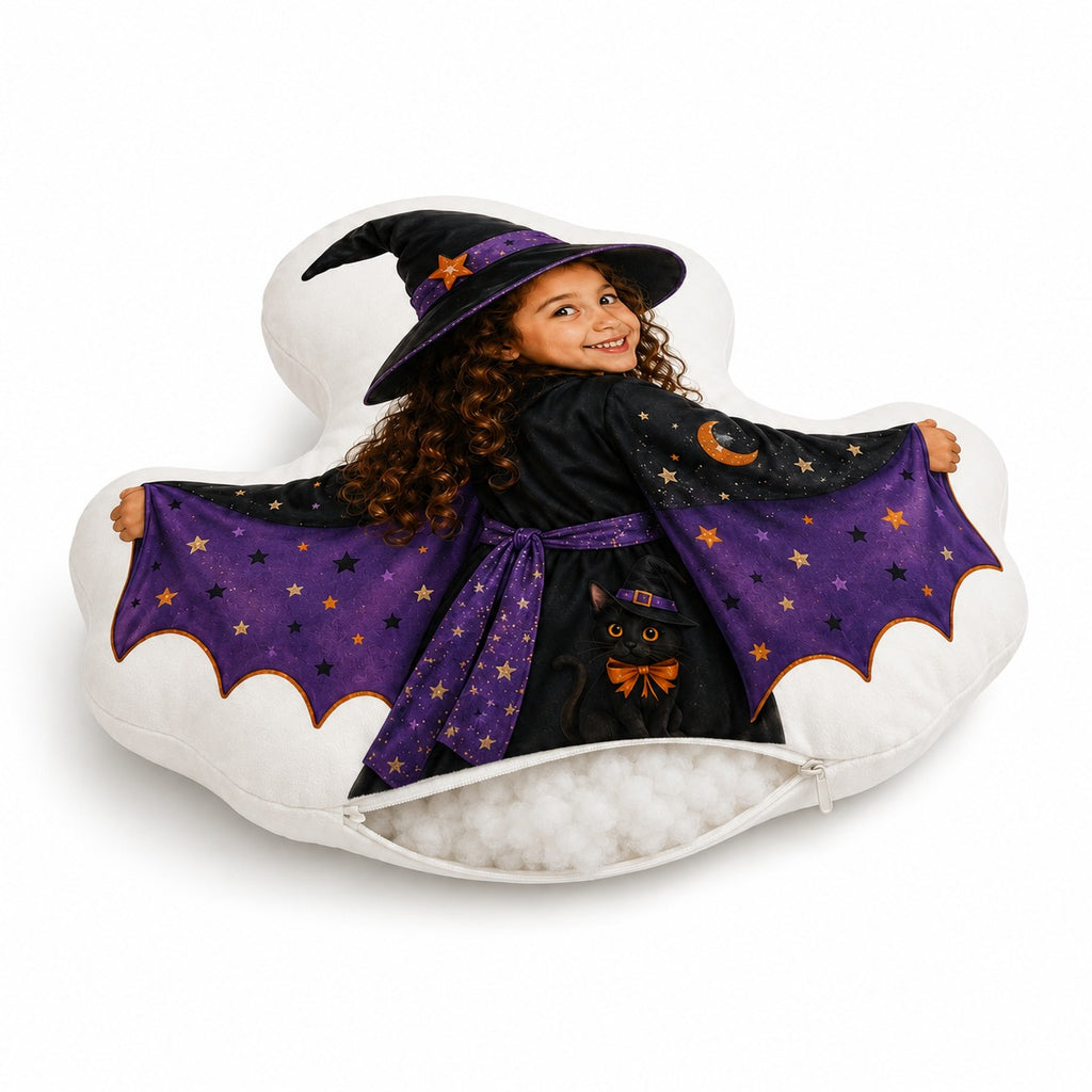 Personalized Witch Bat Cape Custom Shape Pillow - witch bat cape girl back view gallery image 3 | Personalized custom shape pillow for kids by Jolliboo