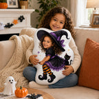 Personalized Witch Broom Black Cat Custom Shape Pillow - witch broom black cat girl side view gallery image 1 | Personalized custom shape pillow for kids by Jolliboo