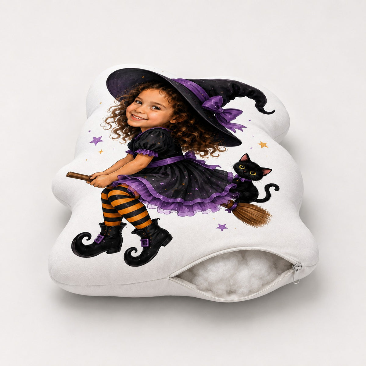 Personalized Witch Broom Black Cat Custom Shape Pillow - witch broom black cat girl side view gallery image 2 | Personalized custom shape pillow for kids by Jolliboo