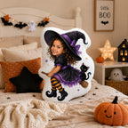Personalized Witch Broom Black Cat Custom Shape Pillow - witch broom black cat girl side view gallery image 3 | Personalized custom shape pillow for kids by Jolliboo