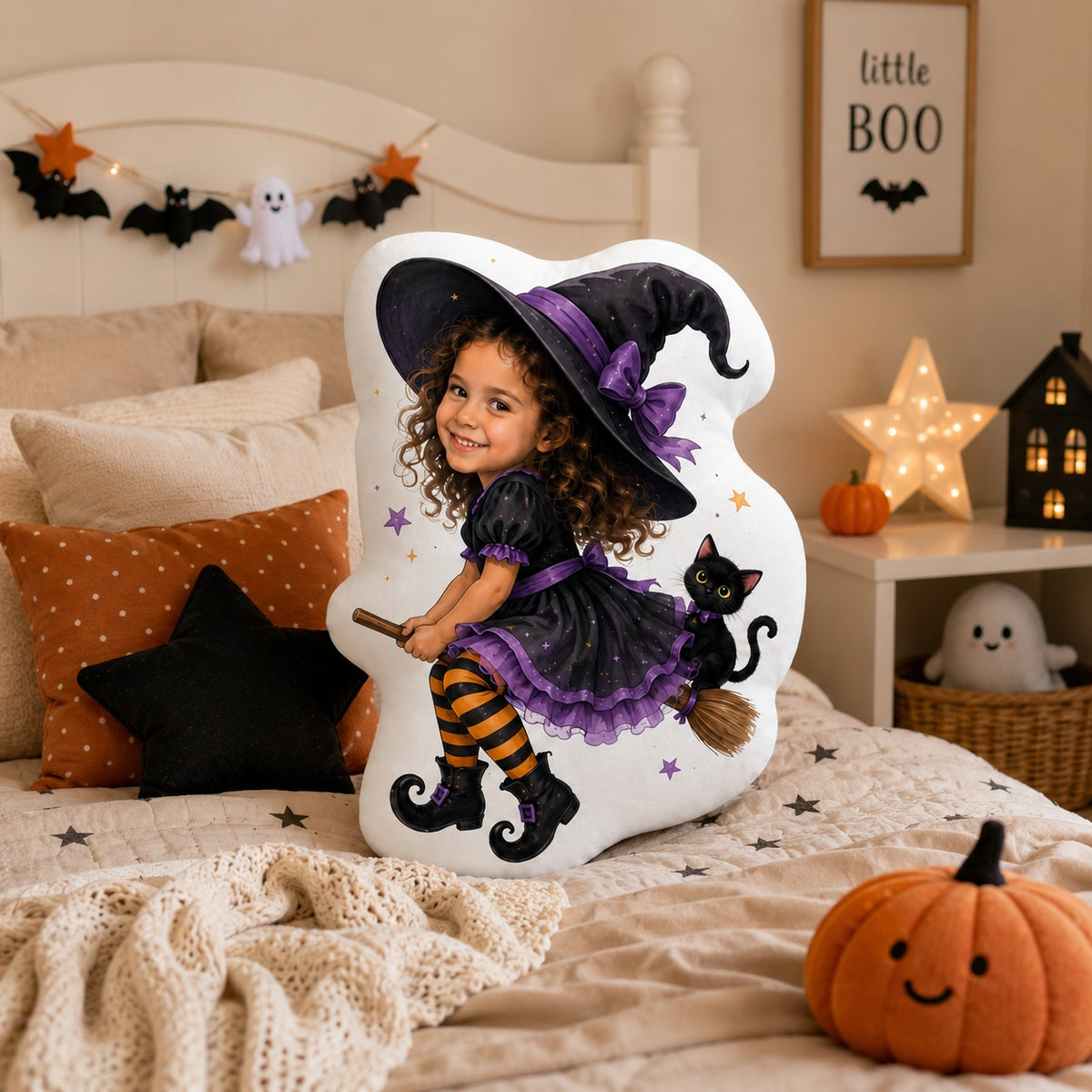 Personalized Witch Broom Black Cat Custom Shape Pillow - witch broom black cat girl side view gallery image 3 | Personalized custom shape pillow for kids by Jolliboo