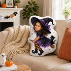 Personalized Witch Broom Black Cat Custom Shape Pillow - Halloween sofa lifestyle gallery image | Personalized custom shape pillow for kids by Jolliboo