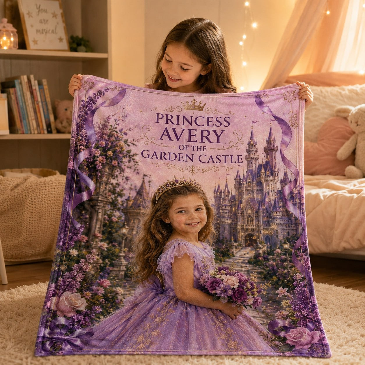 Princess of The Garden Castle Personalised Blanket - close-up detail showing fleece texture and garden castle artwork | Personalized fleece blanket for kids by Jolliboo