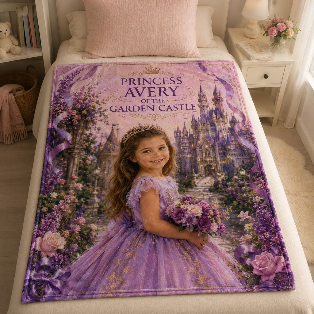 Princess of The Garden Castle Personalised Blanket - hero product shot showing the full garden castle princess blanket design | Personalized fleece blanket for kids by Jolliboo