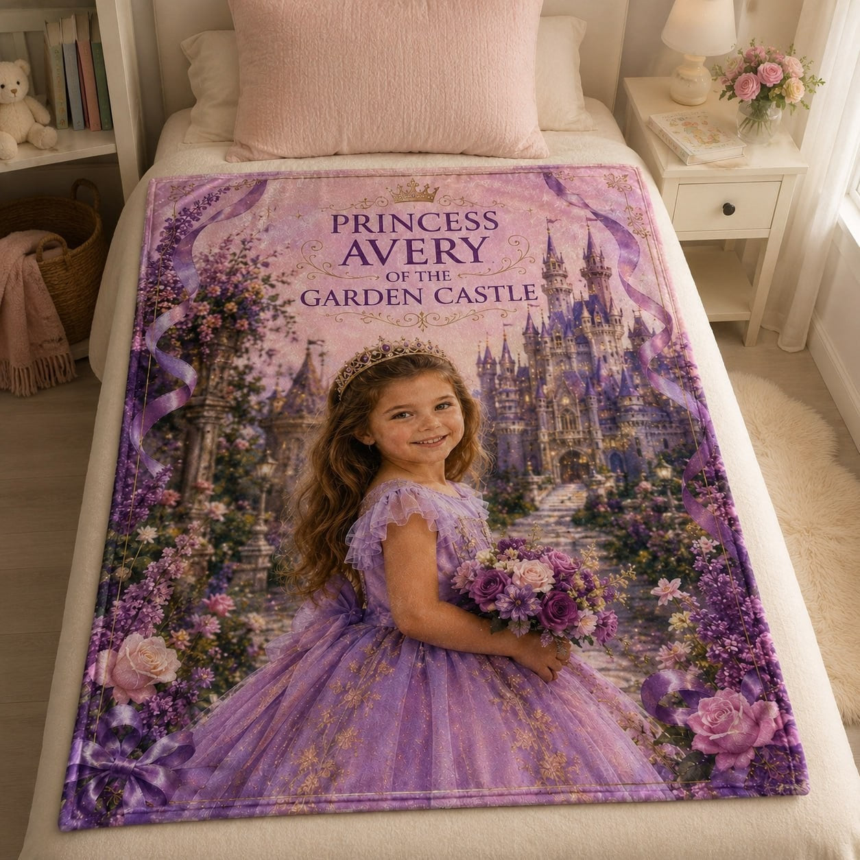 Princess of The Garden Castle Personalised Blanket - hero product shot showing the full garden castle princess blanket design | Personalized fleece blanket for kids by Jolliboo