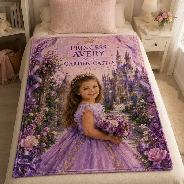 Princess of The Garden Castle Personalised Blanket - hero product shot showing the full garden castle princess blanket design | Personalized fleece blanket for kids by Jolliboo