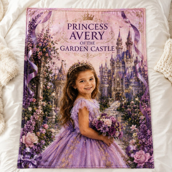 Princess of The Garden Castle Personalised Blanket - scale and context shot showing the personalized princess blanket in a child room | Personalized fleece blanket for kids by Jolliboo