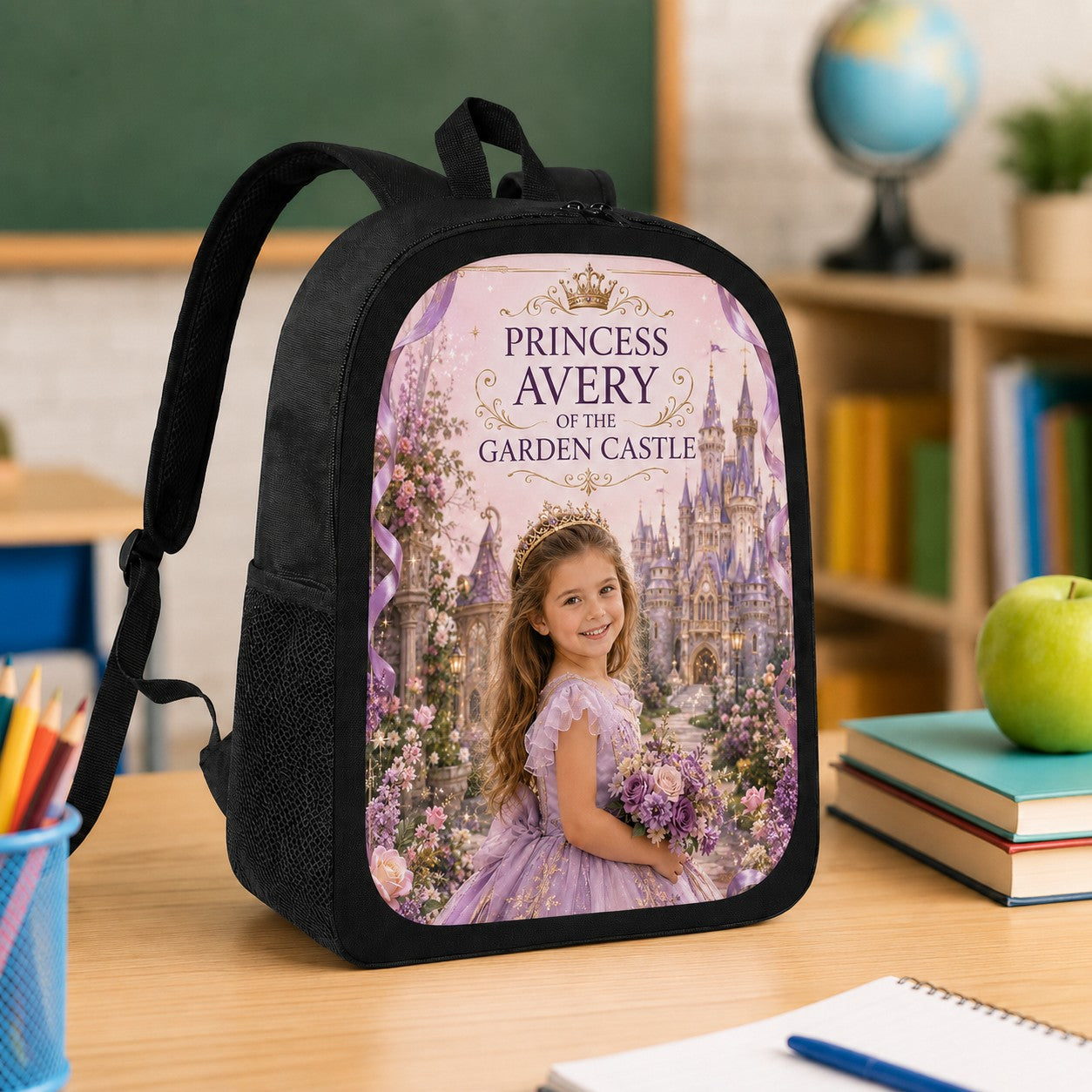 Princess of The Garden Castle Personalised School Backpack - angled front classroom shot of the Garden Castle princess personalized school backpack | Personalized school backpack for kids by Jolliboo
