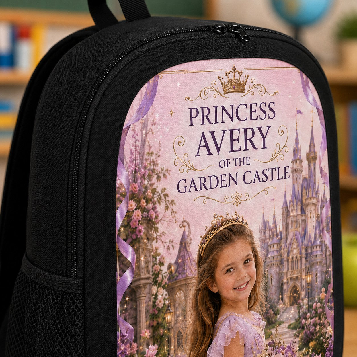 Princess of The Garden Castle Personalised School Backpack - close-up detail showing backpack fabric, zipper, and Garden Castle princess artwork | Personalized school backpack for kids by Jolliboo