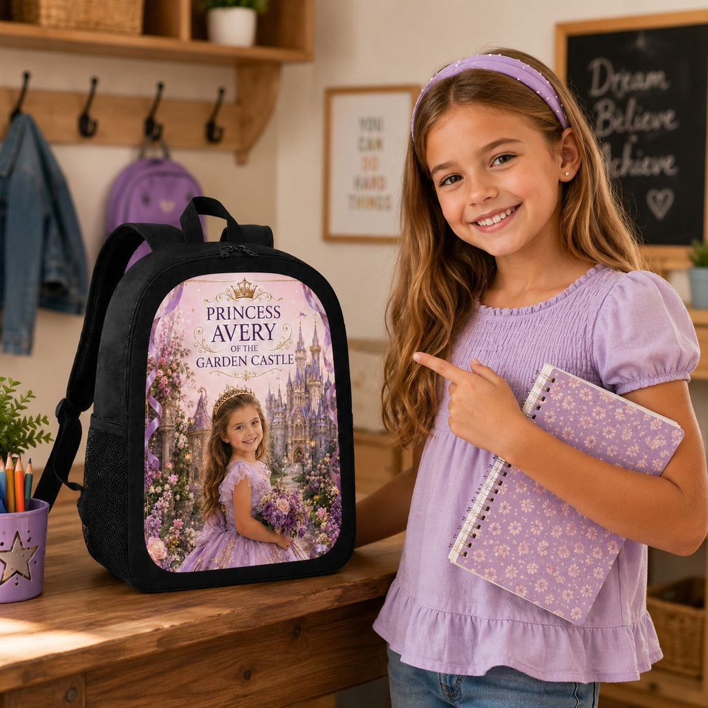 Princess of The Garden Castle Personalised School Backpack - lifestyle shot with girl pointing to the personalized Garden Castle princess school backpack | Personalized school backpack for kids by Jolliboo