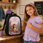 Princess of The Garden Castle Personalised School Backpack - lifestyle shot with girl pointing to the personalized Garden Castle princess school backpack | Personalized school backpack for kids by Jolliboo