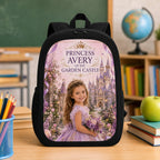 Princess of The Garden Castle Personalised School Backpack - front hero product shot of the Garden Castle princess personalized school backpack in a classroom | Personalized school backpack for kids by Jolliboo