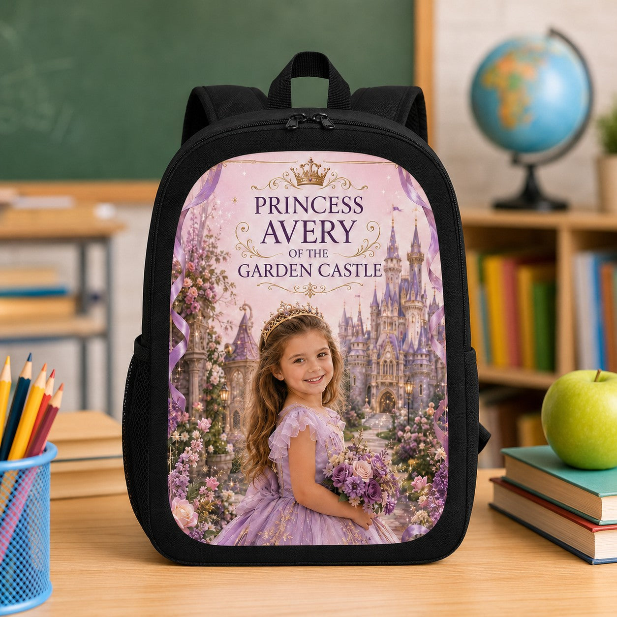 Princess of The Garden Castle Personalised School Backpack - front hero product shot of the Garden Castle princess personalized school backpack in a classroom | Personalized school backpack for kids by Jolliboo