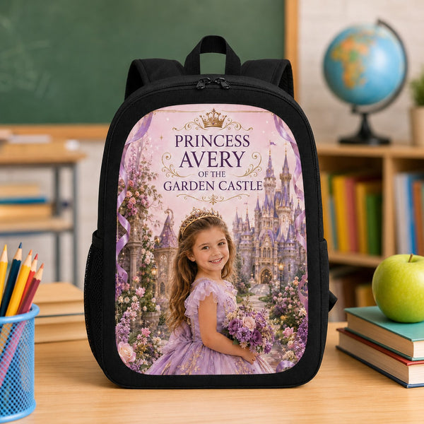 Princess of The Garden Castle Personalised School Backpack - front hero product shot of the Garden Castle princess personalized school backpack in a classroom | Personalized school backpack for kids by Jolliboo
