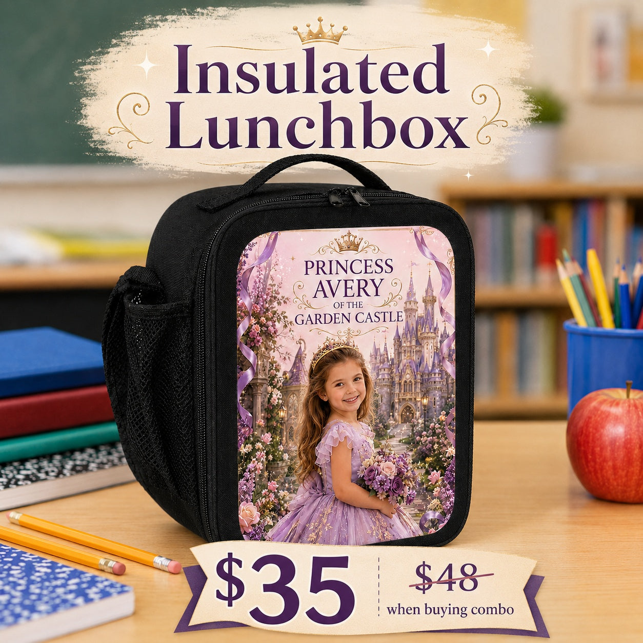 Princess of The Garden Castle Personalised School Backpack - insulated lunchbox combo offer classroom product image | Personalized school backpack for kids by Jolliboo