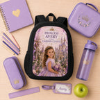 Princess of The Garden Castle Personalised School Backpack - school essentials flat lay with the Garden Castle princess personalized backpack | Personalized school backpack for kids by Jolliboo
