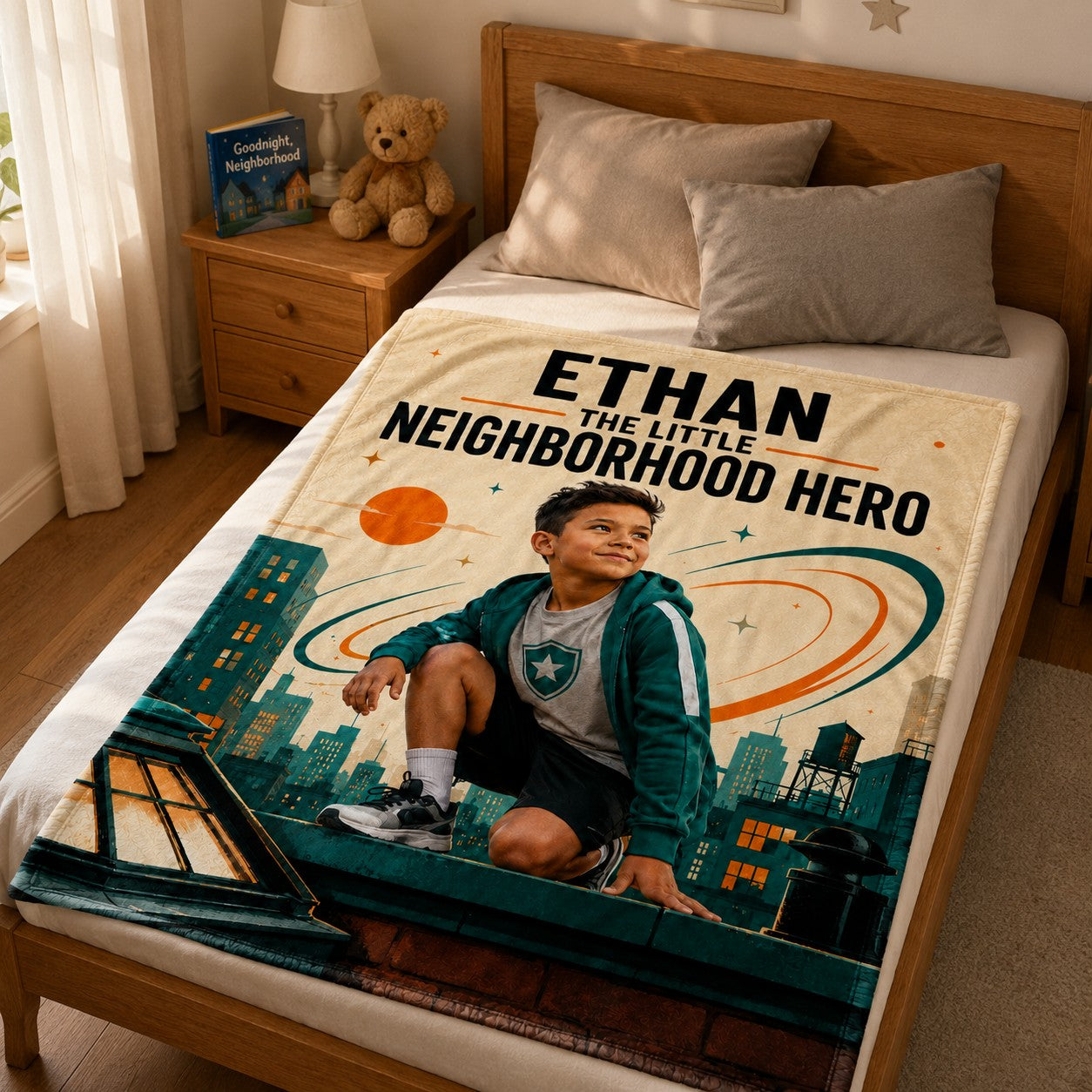 The Little Neighborhood Personalised Blanket - lifestyle bedroom shot with the blanket spread on a child bed | Personalized fleece blanket for kids by Jolliboo
