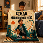 The Little Neighborhood Personalised Blanket - emotional child moment holding the personalized blanket | Personalized fleece blanket for kids by Jolliboo