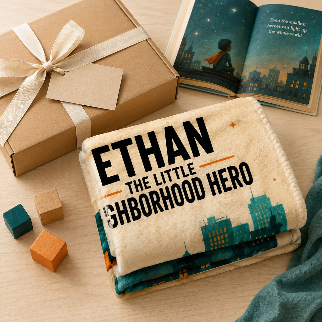 The Little Neighborhood Personalised Blanket - gift-ready folded blanket beside storybook and gift box | Personalized fleece blanket for kids by Jolliboo