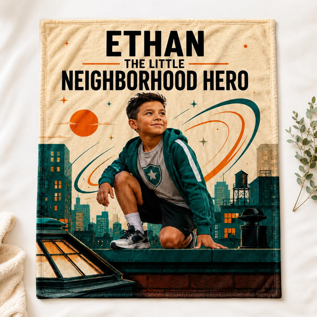 The Little Neighborhood Personalised Blanket - hero product shot showing the full custom neighborhood hero illustration | Personalized fleece blanket for kids by Jolliboo