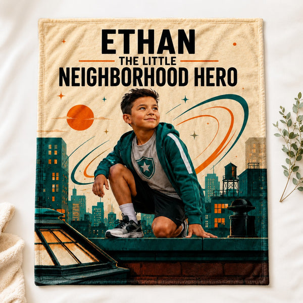 The Little Neighborhood Personalised Blanket - hero product shot showing the full custom neighborhood hero illustration | Personalized fleece blanket for kids by Jolliboo