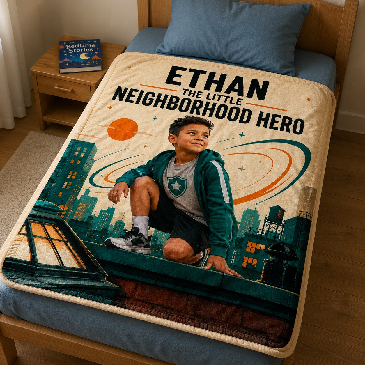 The Little Neighborhood Personalised Blanket - scale context shot with the blanket on a child bed | Personalized fleece blanket for kids by Jolliboo
