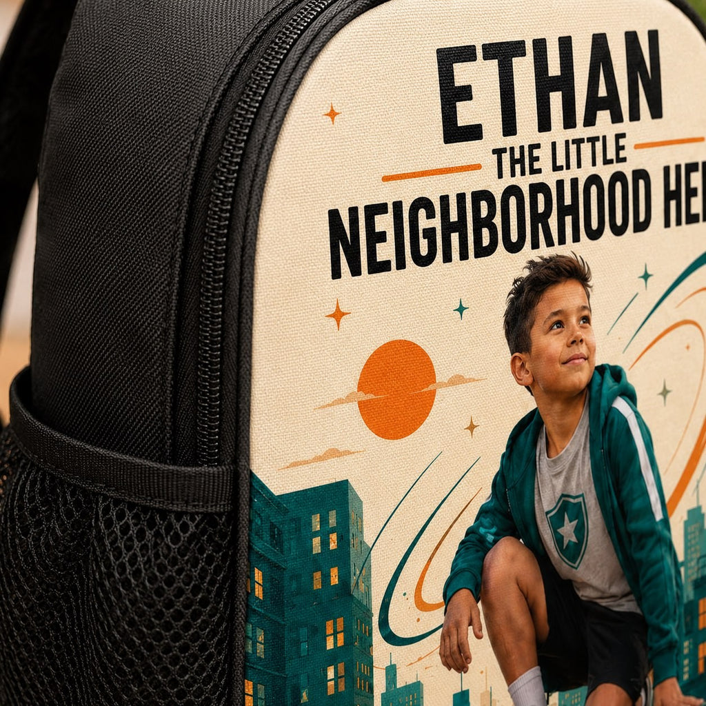 The Little Neighborhood Personalised School Backpack - scale and context shot showing the personalized neighborhood backpack in a classroom | Personalized school backpack for kids by Jolliboo