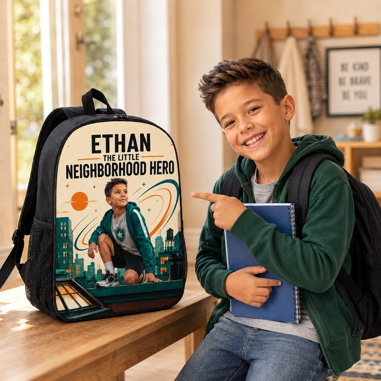 The Little Neighborhood Personalised School Backpack - classroom desk lifestyle shot of the personalized neighborhood hero backpack | Personalized school backpack for kids by Jolliboo