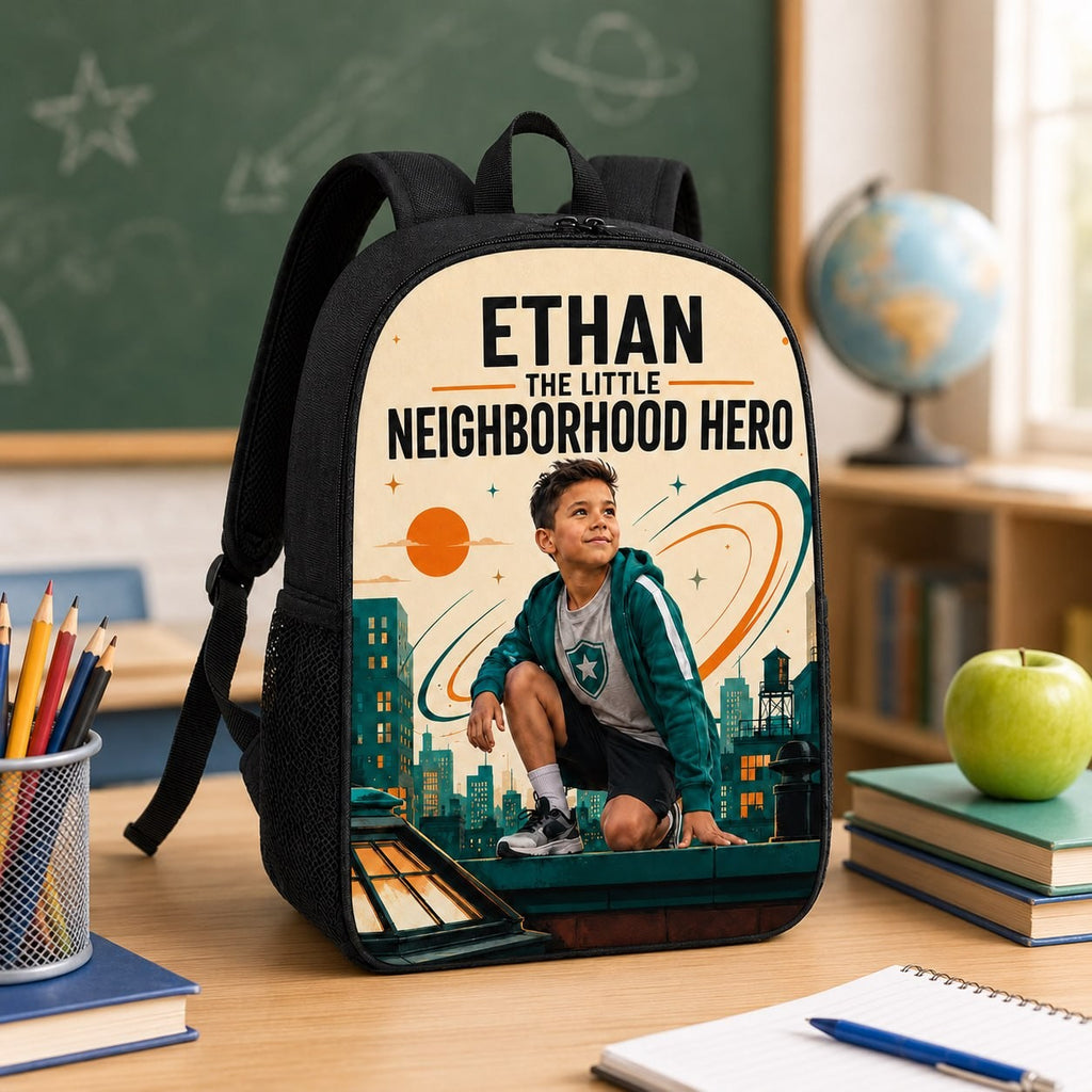 The Little Neighborhood Personalised School Backpack - close-up detail showing backpack fabric, zipper, and custom front artwork | Personalized school backpack for kids by Jolliboo