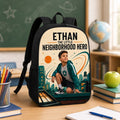 The Little Neighborhood Personalised School Backpack - close-up detail showing backpack fabric, zipper, and custom front artwork | Personalized school backpack for kids by Jolliboo