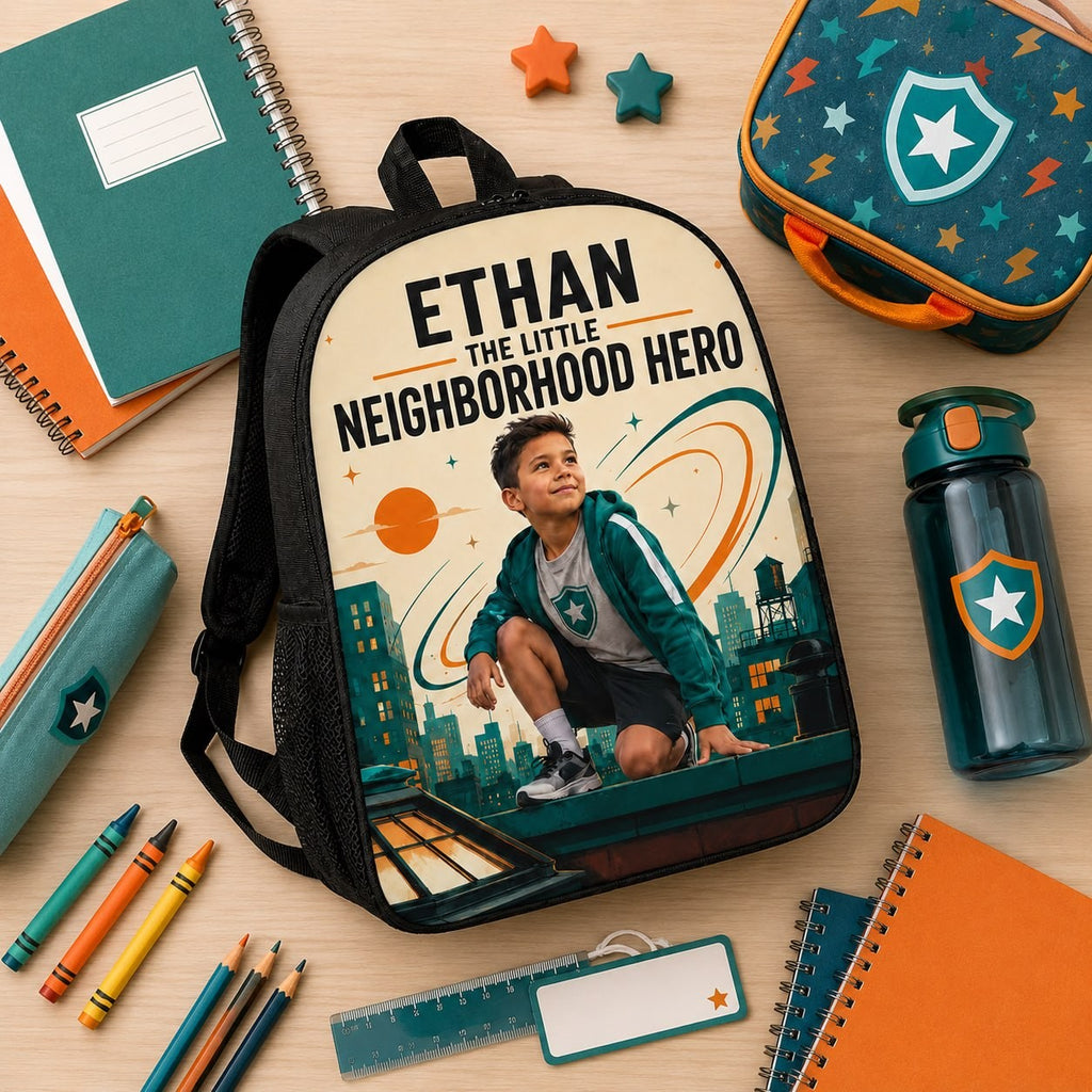The Little Neighborhood Personalised School Backpack - hero product shot showing the full Little Neighborhood personalized backpack design | Personalized school backpack for kids by Jolliboo