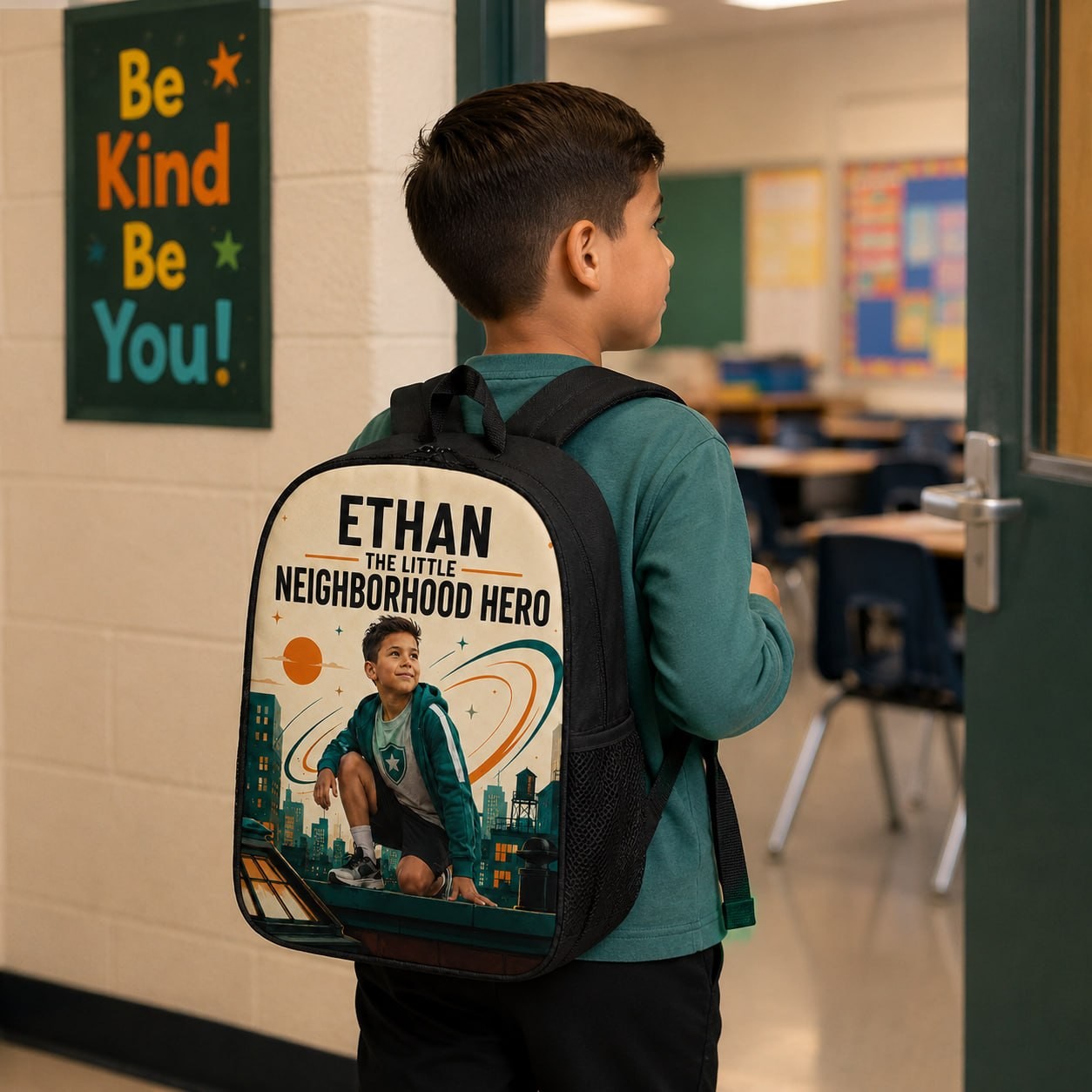 The Little Neighborhood Personalised School Backpack - school essentials flat lay with the personalized neighborhood backpack | Personalized school backpack for kids by Jolliboo